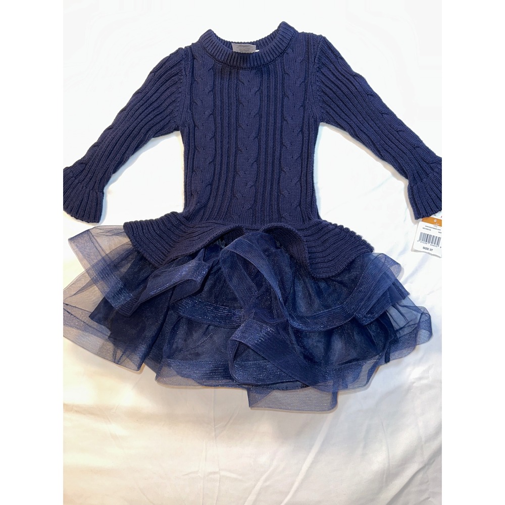 Bonnie Jean Girls Navy Blue Cable Knit Sweater Tulle Skirt Dress W21558-DL 3T